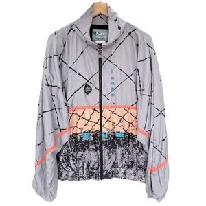 Ixspa Vintage Windbreaker Jacket Mens Large Gray Abstract Full Zip Retro 90s